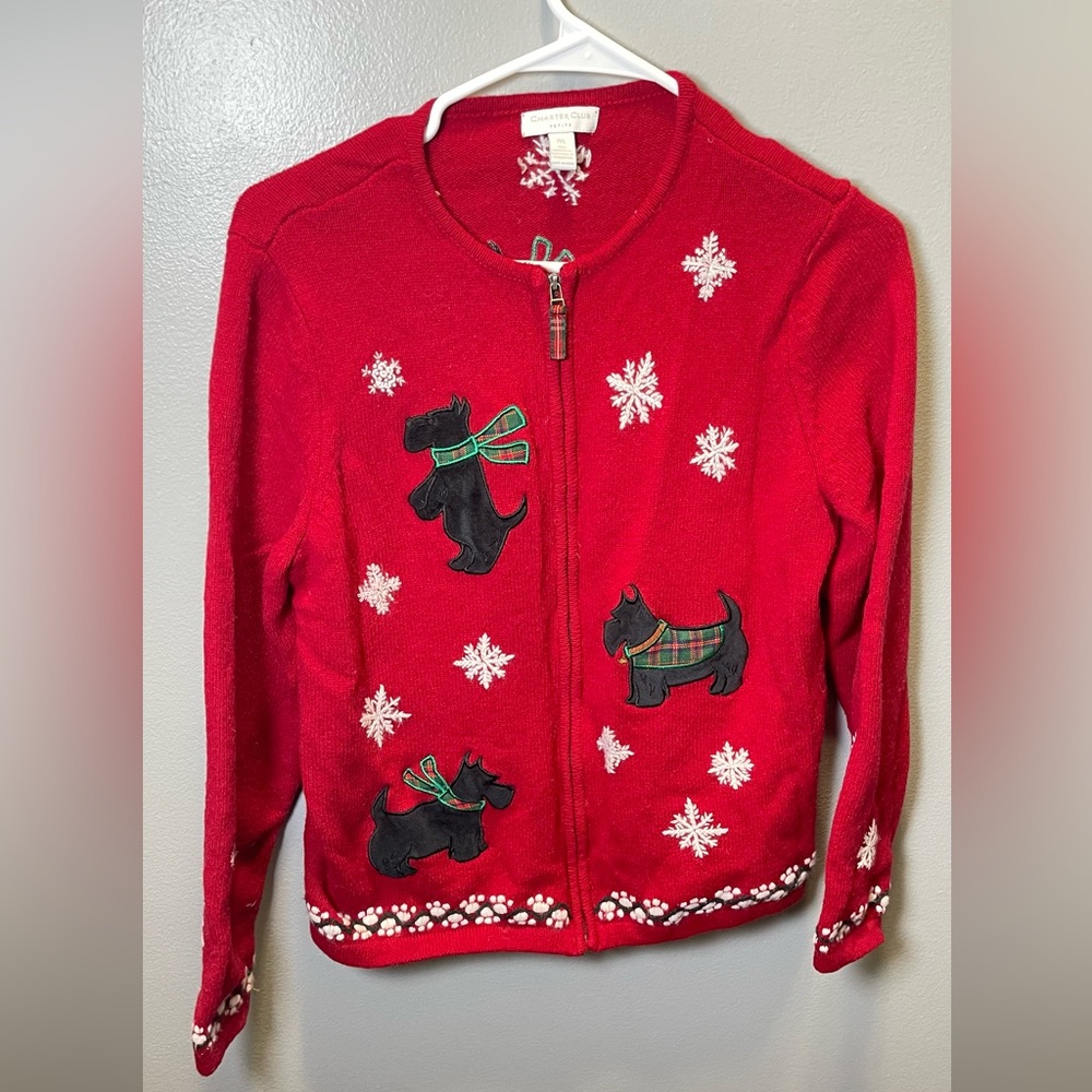 Charter Club Women's Scottie Dog Lambs Wool Christmas Full Zip Sweater‎ Size PL